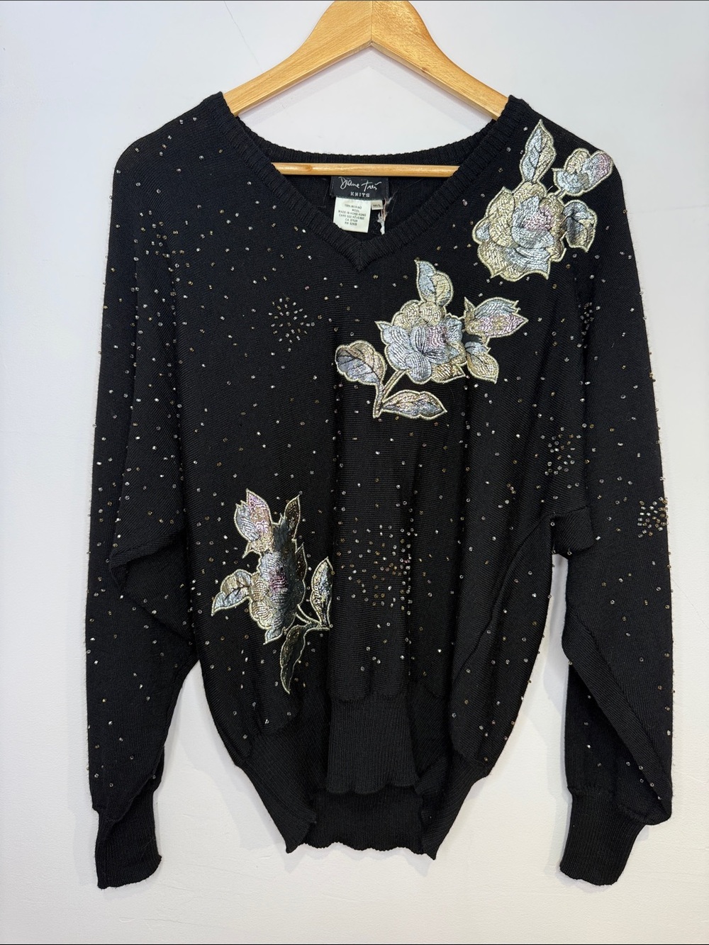 Diane Freis Black Embellished 100%  Merino wool V-Neck Sweater Floral Appliqués